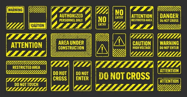 Varios Signos Advertencia Grunge Amarillo Con Líneas Diagonales Antigua Atención — Archivo Imágenes Vectoriales
