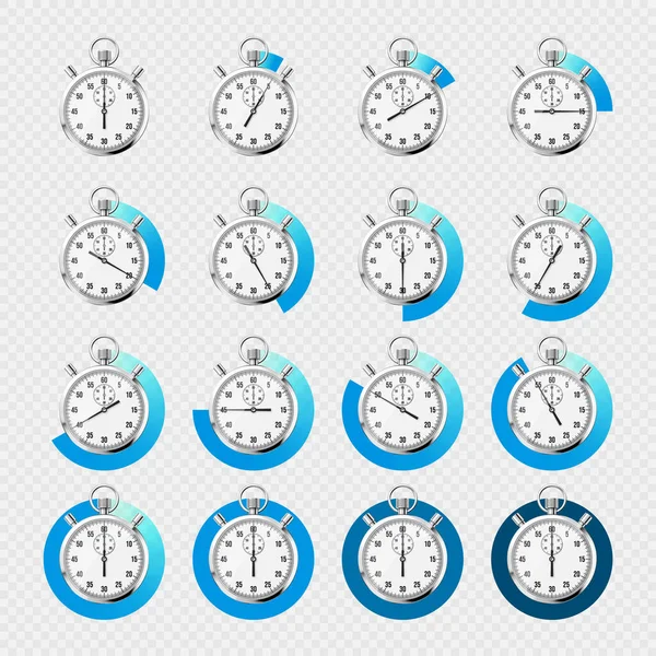 Realistische Klassieke Stopwatch Glanzende Metalen Chronometer Tijdteller Met Wijzerplaat Blauwe — Stockvector