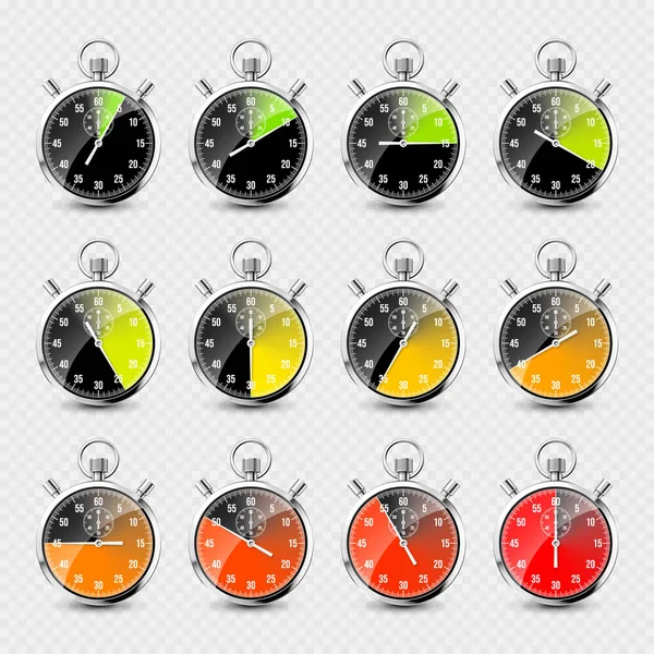 Realistyczny Klasyczny Stoper Błyszczący Metalowy Chronometr Licznik Czasu Tarczą Kolorowy — Wektor stockowy