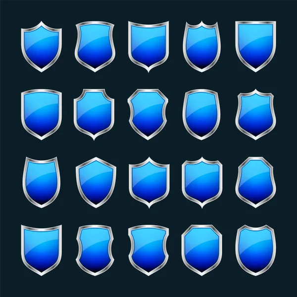 様々なヴィンテージ3Dシールドアイコンのセット 黒の紋章の盾 青の保護とセキュリティのシンボルラベル ベクターイラスト — ストックベクタ