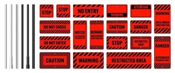 Aviso Sinais Perigo Banners Atenção Com Postes Metal Alerta Vermelho —  Vetores de Stock