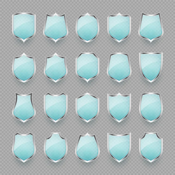Ensemble Icônes Bouclier Verre Vintage Boucliers Héraldiques Bleus Symbole Protection — Image vectorielle