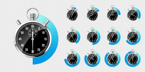 Classico Cronometro Realistico Cronometro Metallo Lucido Contagiri Nero Con Quadrante — Vettoriale Stock