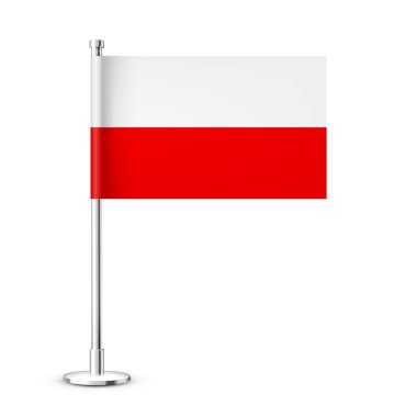 Krom çelik bir direkte Polonya masa bayrağı. Polonya 'dan bir hatıra. Kağıt, kumaş ve parlak metal standından yapılmış bir bayrak. Promosyon ve reklam için bir model. Vektör illüstrasyonu.