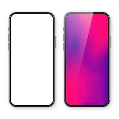 Boş dokunmatik ekranlı akıllı telefon ve soyut renkli arkaplan, duvar kağıdı. Ön görüntüde çerçevesiz cep telefonu var. Yüksek kalite detaylı cihaz modeli. Vektör illüstrasyonu.