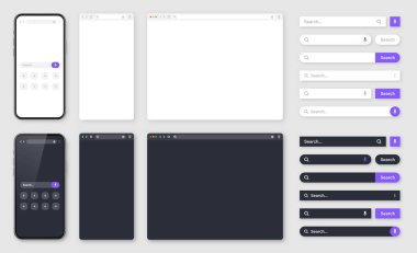 Akıllı telefon, çeşitli arama çubukları olan boş internet tarayıcı penceresi. Arama kutusu, adres çubuğu ve metin alanı olan web sitesi motoru. UI tasarımı, web sitesi arayüzü. Karanlık, aydınlık mod 'lar. Vektör illüstrasyonu.