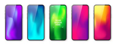 Dokunmatik ekranlı akıllı telefon ve soyut renkli arkaplan, duvar kağıdı. Ön görüntüde çerçevesiz cep telefonu var. Yüksek kalite detaylı cihaz modeli. Vektör illüstrasyonu.