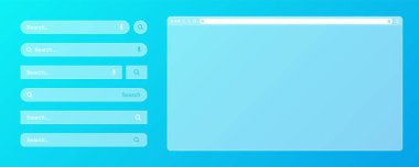Çeşitli arama çubuğu şablonlarına sahip boş saydam internet tarayıcı penceresi. Arama kutusu, adres çubuğu ve metin alanı olan web sitesi motoru. UI tasarımı, web sitesi arayüzü elemanları. Vektör illüstrasyonu.