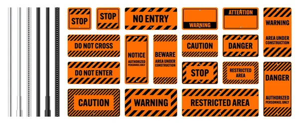 Warning Danger Signs Attention Banners Metal Poles Orange Caution Sign — Stock Vector