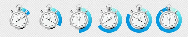 Realistische Klassieke Stopwatch Glanzende Metalen Chronometer Tijdteller Met Wijzerplaat Blauwe — Stockvector
