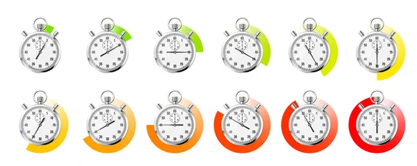 现实的经典秒表 新金属计时器 计时器与刻度盘 彩色倒计时计时器显示分秒秒 运动时间的测量 开始和结束 矢量说明 — 图库矢量图片