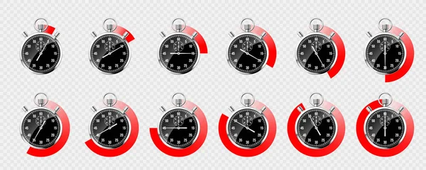 Gerçekçi Klasik Kronometre Parlak Metal Kronometre Çevirmeli Siyah Zaman Sayacı — Stok Vektör
