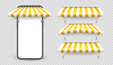 Akıllı telefon, dükkan güneşliği, metal montu, internet alışverişi. Gerçekçi sarı çizgili kafe güneşliği. Açık hava çadırı. Çatı örtüsü. Summer Caddesi Mağazası. Vektör illüstrasyonu.