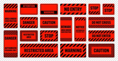 Çapraz çizgileri olan çeşitli siyah ve kırmızı uyarı işaretleri. Dikkat, tehlike ya da uyarı işareti, inşaat alanı işareti. Gerçekçi uyarı panosu, uyarı panosu, yol kalkanı. Vektör illüstrasyonu.