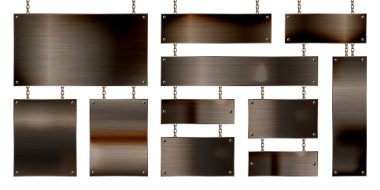 Zincirde asılı metal pankartlar. Gerçekçi, parlak, vidalı çelik bir plaka. Cilalanmış paslı metal yüzey. Vektör illüstrasyonu.