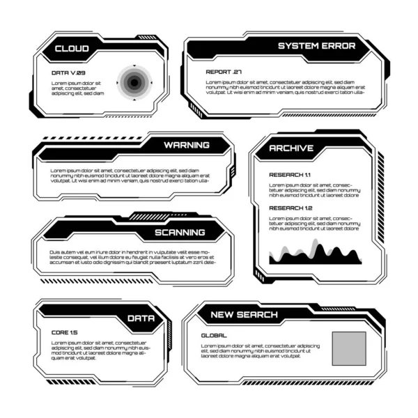 stock vector Black futuristic HUD, UI elements. Sci-fi user interface text boxes, callouts. Warning message frames, information boxes template. Modern game interface layout in digital style. Vector illustration.