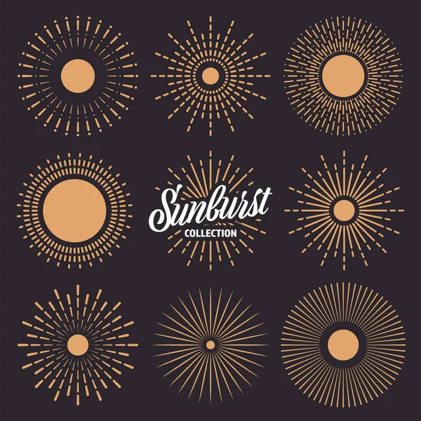 ヴィンテージの日の出 日没のビームコレクション 手のバースト太陽 光線を描いた レトロなスタイルのロゴタイプやレタリングデザイン要素 ベクターイラスト — ストックベクタ