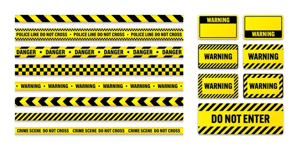 Çeşitli Barikatlar Inşaat Bantları Uyarı Kalkanları Sarı Polis Uyarı Hattı — Stok Vektör