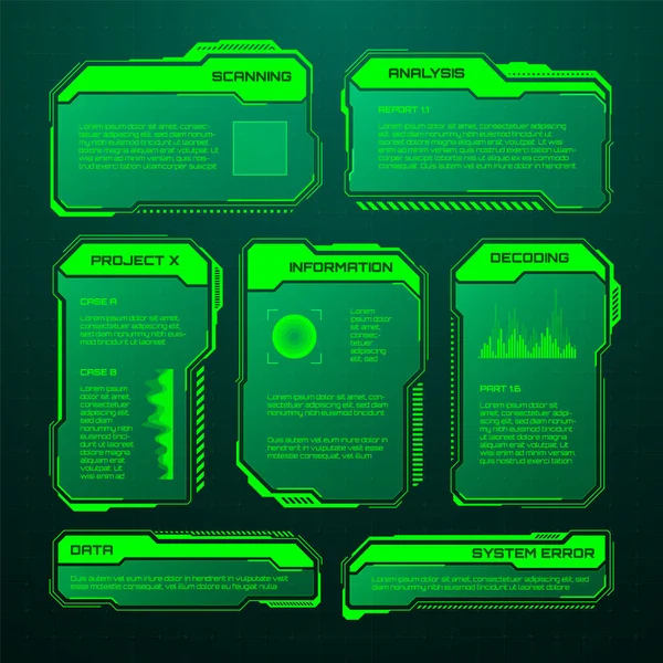 绿色未来主义Hud Ui元素 Sci Fi用户界面文本框 警告消息帧 信息框模板 数字风格的现代游戏界面布局 矢量说明 — 图库矢量图片