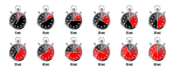Realistic Classic Stopwatch Shiny Metal Chronometer Time Counter Dial Red — Stock Vector
