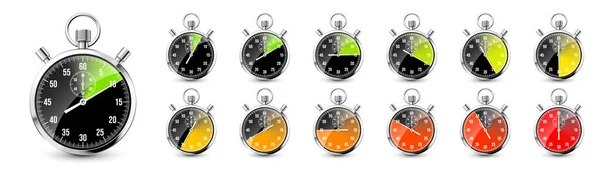 Realistiskt Klassiskt Stoppur Glänsande Metallkronometer Tidsräknare Med Urtavla Färgglada Nedräkning — Stock vektor