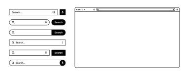 Boş web tarayıcısı, araç çubuğu ve arama çubuğu olan internet sayfası penceresi, alan. Modern web sitesi düz stil, çizgi sanatı. Bilgisayar, tablet ve akıllı telefon için tarayıcı modeli. Vektör illüstrasyonu.