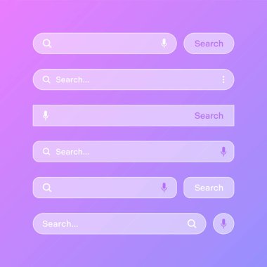 Çeşitli şeffaf arama çubuğu şablonları. Arama kutusu, adres çubuğu ve metin alanı olan internet tarayıcı motoru. Kullanıcı tasarımı, web arayüzü ögesi web simgeleri ve düğmeye basın. Vektör illüstrasyonu.