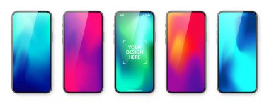 Dokunmatik ekranlı akıllı telefon ve soyut renkli arkaplan, duvar kağıdı. Ön görüntüde çerçevesiz cep telefonu var. Yüksek kalite detaylı cihaz modeli. Vektör illüstrasyonu.