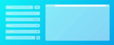 Çeşitli arama çubuğu şablonlarına sahip boş saydam internet tarayıcı penceresi. Arama kutusu, adres çubuğu ve metin alanı olan web sitesi motoru. UI tasarımı, web sitesi arayüzü elemanları. Vektör illüstrasyonu.