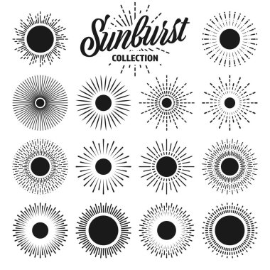 Klasik güneş patlaması, günbatımı ışınları koleksiyonu. El çizimi güneş patlaması, ışık ışınları. Logotype ya da dizayn ögesi retro tarzında. Vektör illüstrasyonu.