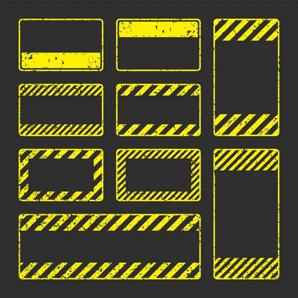 斜線で様々な黄色のグランジ警告標識 古い注意 危険または注意サイン 建設現場の看板 現実的な通知の看板 警告バナー 道路シールド ベクターイラスト — ストックベクタ