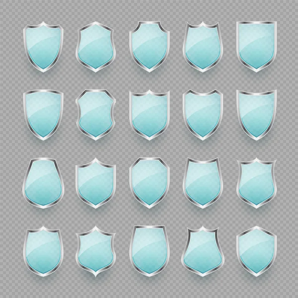 Ensemble Icônes Bouclier Verre Vintage Boucliers Héraldiques Bleus Symbole Protection — Image vectorielle