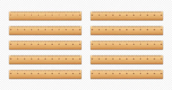 stock vector Realistic various wooden rulers with measurement scale and divisions, measure marks. School ruler, centimeter and inch scale for length measuring. Office supplies. Vector illustration.