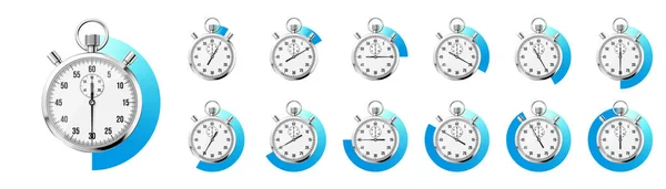 Realistische Klassische Stoppuhr Glänzendes Metall Chronometer Zeitzähler Mit Zifferblatt Blauer — Stockvektor