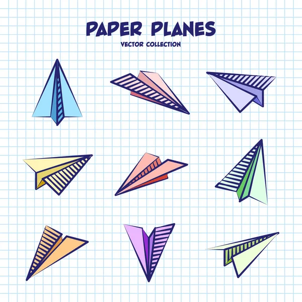 stock vector Hand drawn planes on checkered paper sheet. School notebook for drawing. Doodle airplane. Aircraft icon, simple colorful plane silhouettes. Outline, line art. Vector illustration.