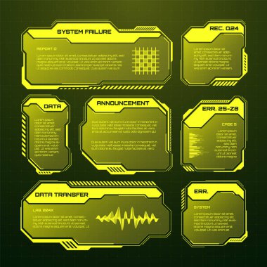 Yellow futuristic HUD, UI elements. Sci-fi user interface text boxes, callouts. Warning message frames, information boxes template. Modern game interface layout in digital style. Vector illustration. clipart