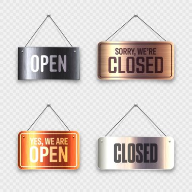 Fırçalanmış metal Açık ve Kapalı asılı tabelalar. Kafe, restoran, bar ya da perakende mağazası için klasik kapı tabelası. Duyuru pankartı, iş ya da hizmet için bilgi tabelası. Vektör illüstrasyonu.