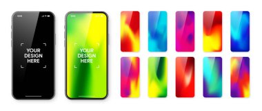Boş dokunmatik ekranlı akıllı telefon ve soyut renkli arkaplan, duvar kağıdı. Ön görüntüde çerçevesiz cep telefonu var. Yüksek kalite detaylı cihaz modeli. Vektör illüstrasyonu.