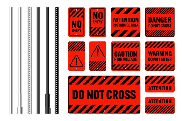 Avertissement Signes Danger Bannières Attention Avec Poteaux Métalliques Panneau Rouge — Image vectorielle