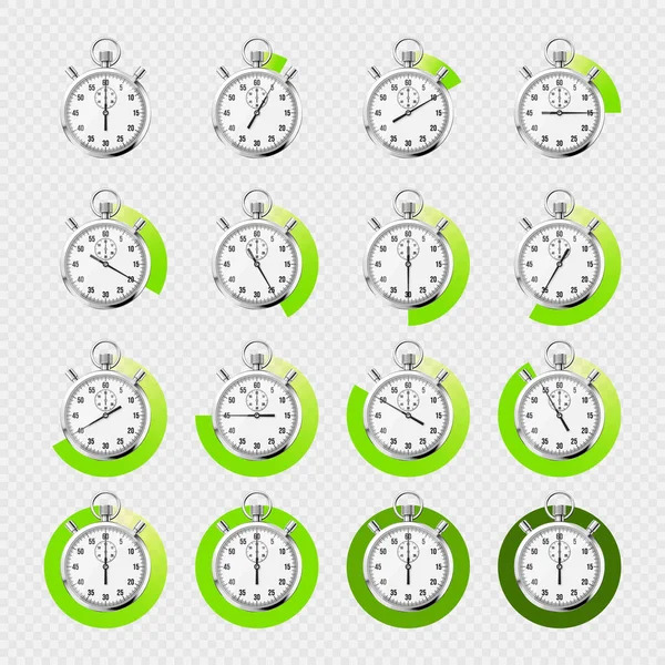 Realistische Klassieke Stopwatch Glanzende Metalen Chronometer Tijdteller Met Wijzerplaat Groene — Stockvector