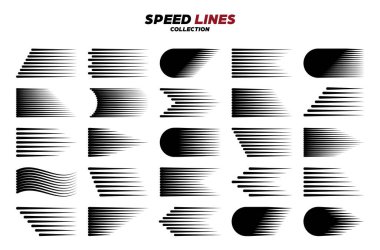 Siyah çizgi film ya da yuvarlak köşeli komik hız çizgileri. Hareket etkisinde basit bir çizgi. Çizgi roman tasarım elemanı. Vektör koleksiyonu.