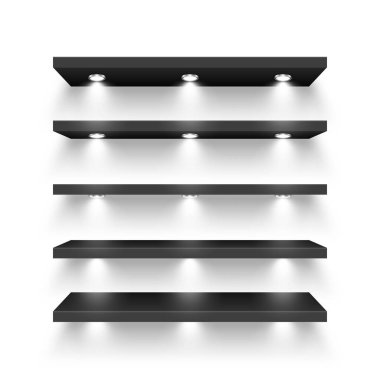 Realistic black store shelves with lighting, spotlights. Empty product shelf, grocery wall rack. Mall and supermarket furniture, bookshelf. Modern interior design element. Vector illustration.