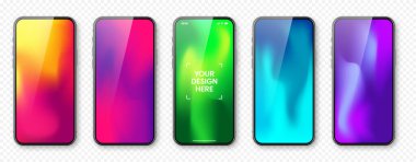 Dokunmatik ekranlı akıllı telefon ve soyut renkli arkaplan, duvar kağıdı. Ön görüntüde çerçevesiz cep telefonu var. Yüksek kalite detaylı cihaz modeli. Vektör illüstrasyonu.