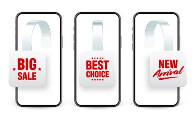 Süpermarket tanıtımları ve akıllı telefonlar. Rafların reklamını yapmak için gerçekçi yalpalayıcı. Reklam metniyle indirimli veya indirimli etiket. Özel fiyat etiketi. İnternet, web mağazası konsepti. Vektör illüstrasyonu.
