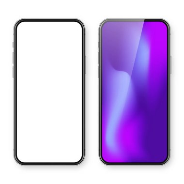 Boş dokunmatik ekranlı akıllı telefon ve soyut renkli arkaplan, duvar kağıdı. Ön görüntüde çerçevesiz cep telefonu var. Yüksek kalite detaylı cihaz modeli. Vektör illüstrasyonu.