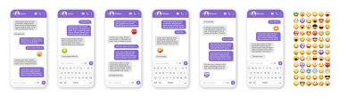 Akıllı telefon mesajlaşma uygulaması, emoji ile kullanıcı arayüzü tasarımı. SMS metin çerçevesi. Menekşe mesaj baloncuklarıyla sohbet ekranı. İletişim için mesaj uygulaması. Sosyal medya uygulaması. Vektör illüstrasyonu.