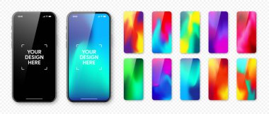 Boş dokunmatik ekranlı akıllı telefon ve soyut renkli arkaplan, duvar kağıdı. Ön görüntüde çerçevesiz cep telefonu var. Yüksek kalite detaylı cihaz modeli. Vektör illüstrasyonu.