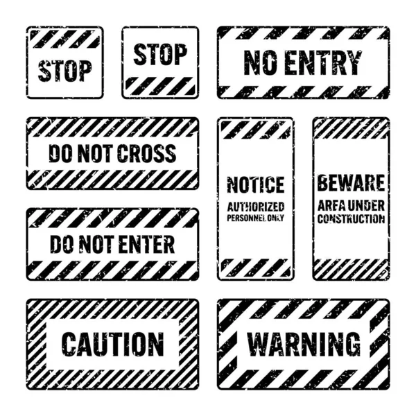 斜線で様々な黒のグランジ警告標識 古い注意 危険または注意サイン 建設現場の看板 現実的な通知の看板 警告バナー 道路シールド ベクターイラスト — ストックベクタ