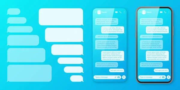 Realistyczny Smartfon Aplikacją Komunikacyjną Kolorowym Niebieskim Tle Pusta Ramka Sms — Wektor stockowy