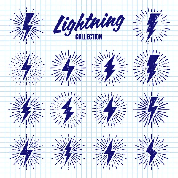 stock vector Set of vintage hand drawn lightning bolts and sun rays on checkered paper sheet. Lightnings with sunburst effect. Thunderbolt, electric shock sign. Vector illustration.